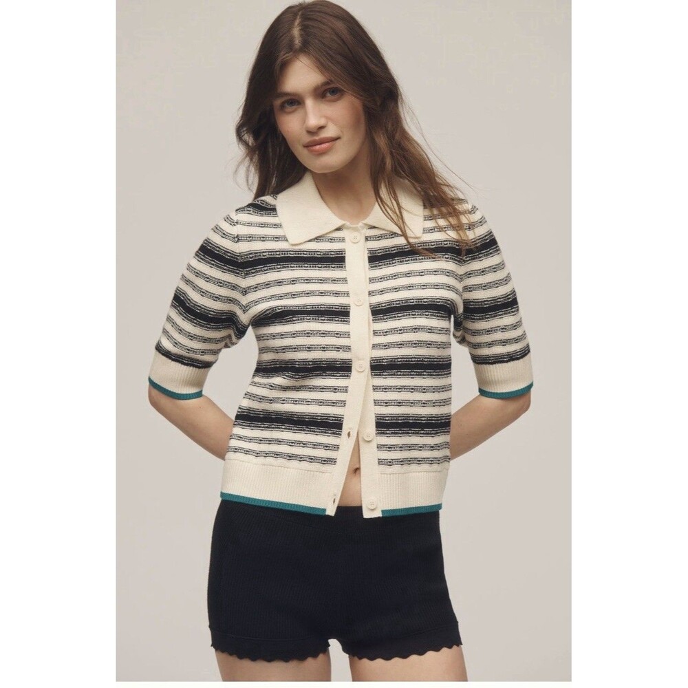 Anthropologie Kinsley Collared Cropped Cardigan Sweater Size XS Ivory &Black NWT
